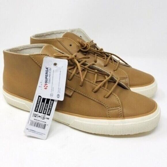 Superga Tan leather lace up tall sneakers USW9.5 USM8 BoxS Unisex - Picture 1 of 10